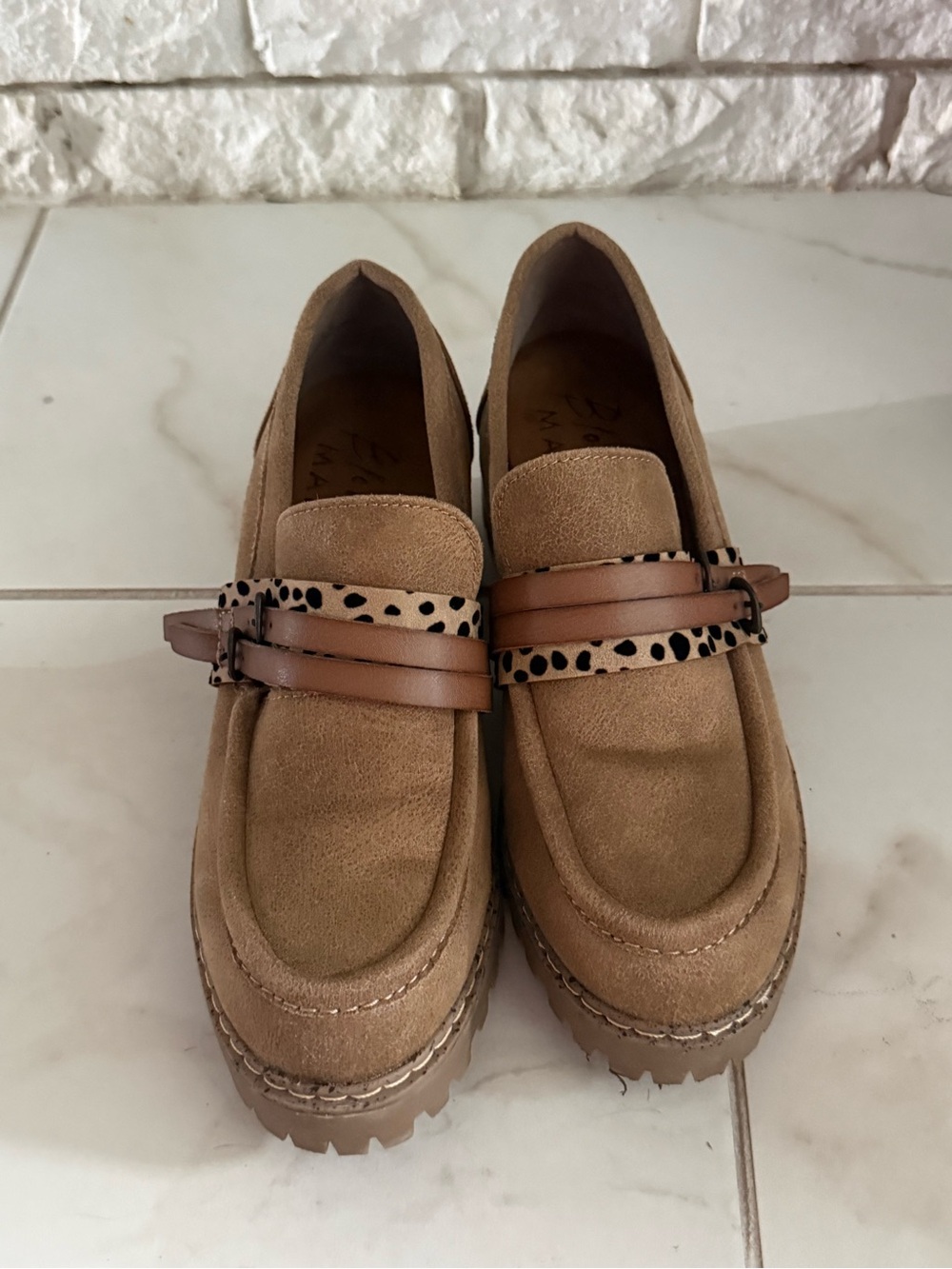 Blowfish Malibu Tan Vegan Suede Lug Sole Loafers with Accent Strap